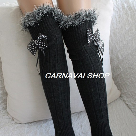 Grey Fur Leg Warmers Sexy Leg Warmer Polka Dot Ribbon Bow