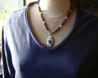 Victorian Necklace of Blue and White with Chinoise Pendant - Art Nouveau, Edwardian, Flower, Blue, Romantic, Willowware, Toile, Fairy Tale