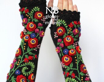 Knitted Fingerless Gloves, Black, Red, 31 cm Long, Clothing And Accessories,Gloves & Mittens