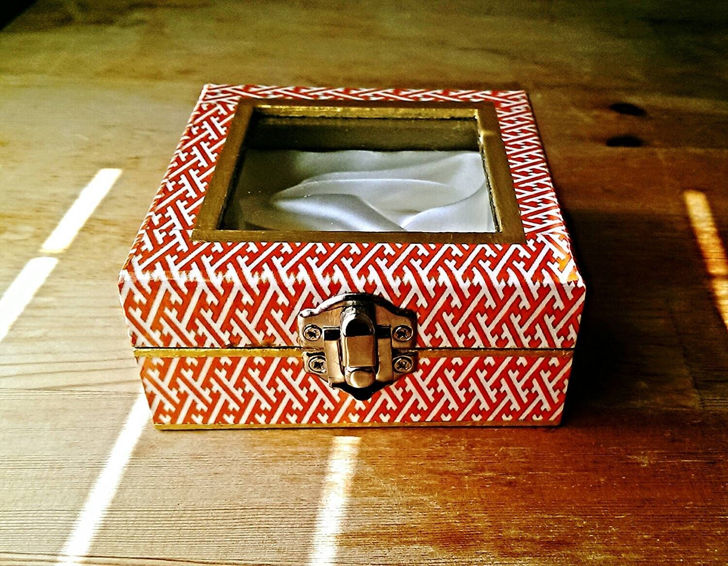 Small Jewelry Box in Orange White & Gold with Metallic