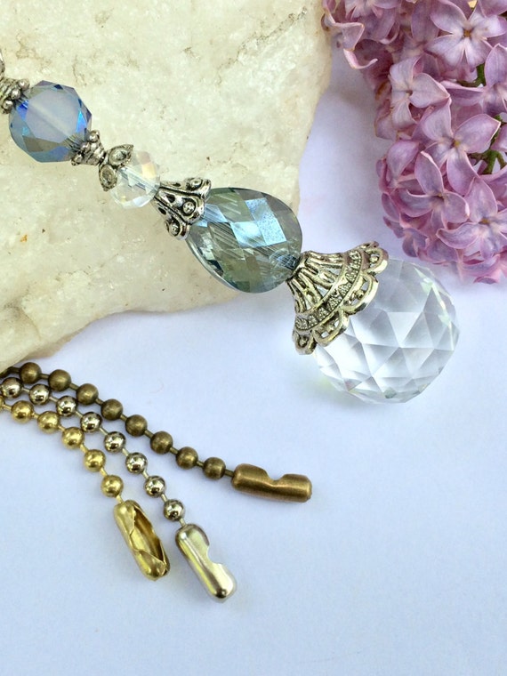 Decorative Ball chain pull or sun catcher. Blue crystal