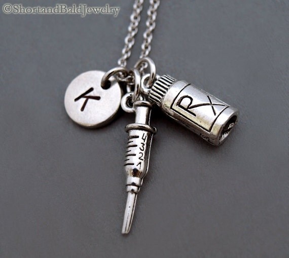 RX medicine bottle necklace Syringe necklace pill bottle RX