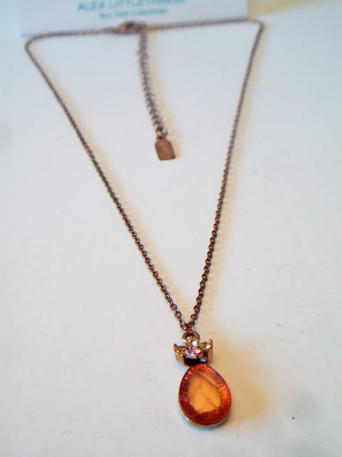 1928 Orange Tear Drop Rhinestone Copper Pendant Necklace Pear