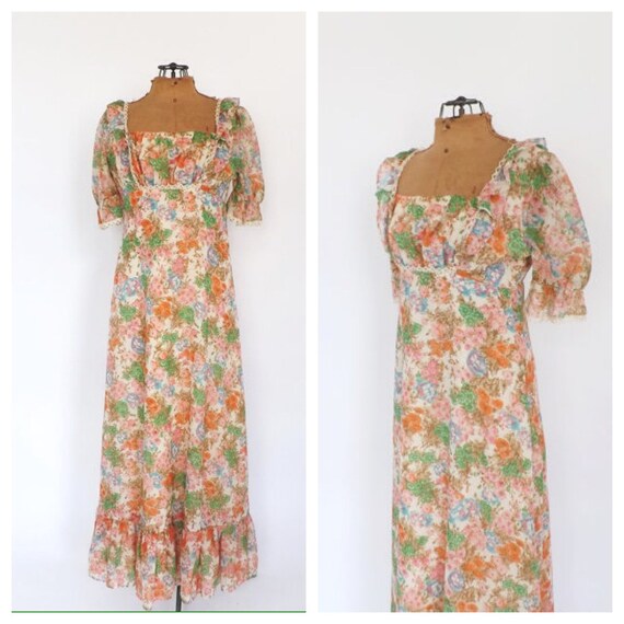 Vintage 1960s Prairie Nouveau Floral Cotton Maxi Dress 1970s