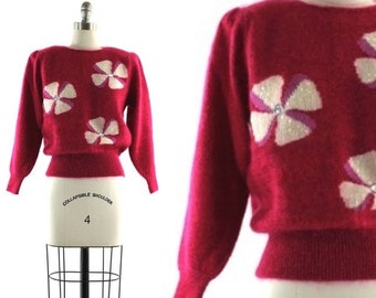 hot pink mohair sweater / vintage 80s flowered sweater / sequined sweater S/M