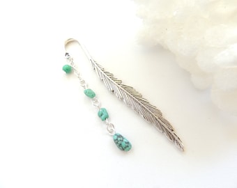 Feather Bookmark, Boho Tribal Feather Bookmark, Metal Bookmark, Beaded Bookmark, Books and Zines, Turquoise Bookmark. B293