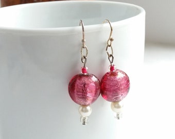 Pink Earrings, Pearls and Pink, Dangle Earrings, Silver Pink Earrings, Pink Foil Glass, Lampwork Glass Earrings, Gifts for Her, OOAK