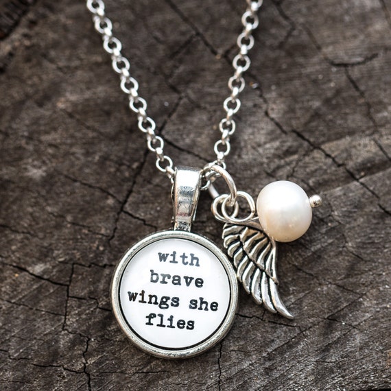 FREE SHIPPING - With Brave Wings She Flies - Quote Necklace - Silver Glitter - Quote Necklace