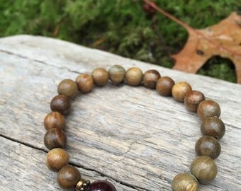 Garnet Mala Bracelet w/ Sandalwood Buddhist Prayer Beads by Bicycling Buddha YC41