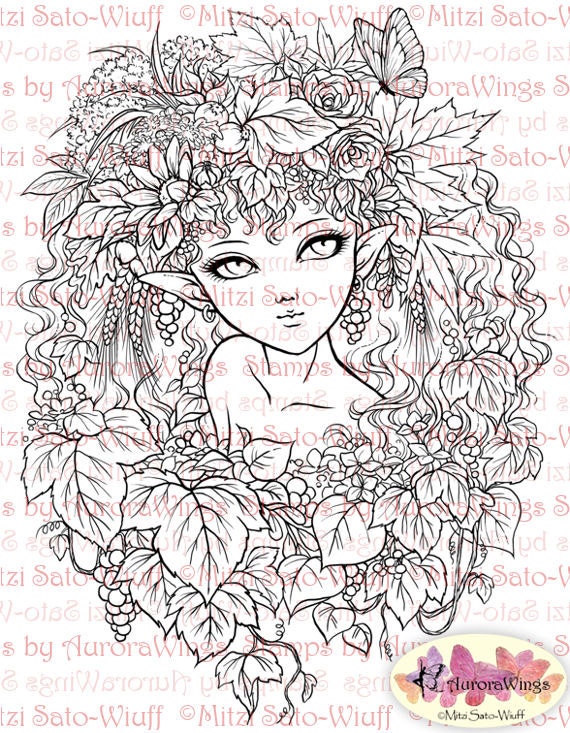 Digital Stamp - Instant Download - Harvest Elf - Beautiful Fairy in Autumn Leaves - digistamp - Fantasy Line Art for Cards & Crafts