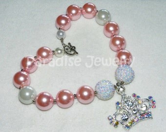 Princess Tiara Crown Bubblegum Pink Pearl Bead Necklace, Princess Birthday Pendant Chunky Bead, Baby Child, Photo Prop