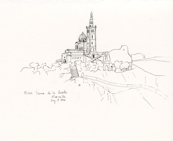 Notre Dame de la Garde in Marseille pen drawing outline