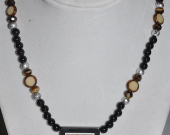 Necklace Pendant Onyx Frame Agate Grey Brown Glass Bead #354