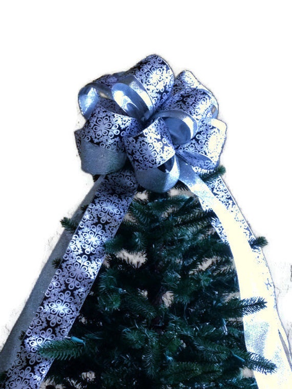 christmas tree topper bow black silver glittered tree christmas tree topper bow black silver glittered tree