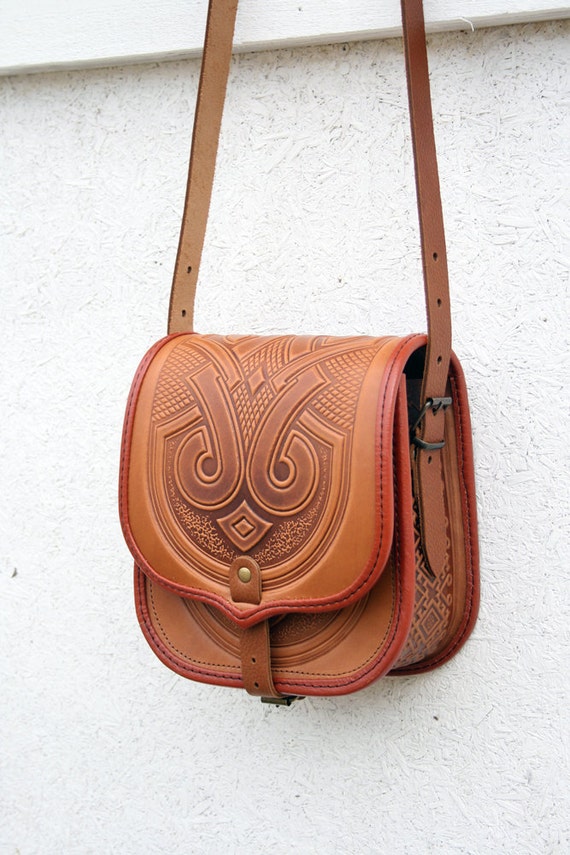 Items similar to tooled light brown leather bag - shoulder bag ...