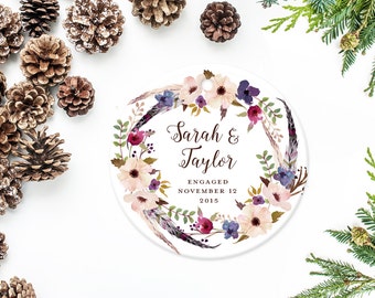 Engagement Christmas Ornament, Personalized Ornament, Engagement Date Ornament with Flower and Feather Wreath