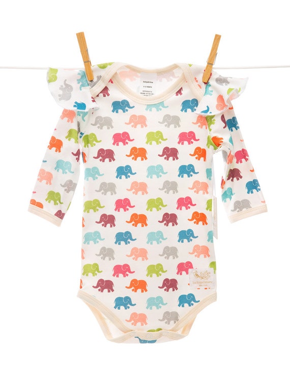 Items similar to Organic bright elephant ruffle shoulder bodysuit ...