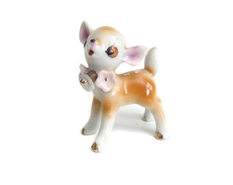 Vintage Fawn Figurine, Ceramic Porcelain China Deer, 1950's 1960's Collectible, Gold Bell, Flower Collar, Gold Trim, Vintage Deer
