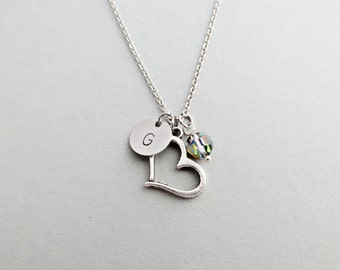 Heart Initial Necklace Personalized Hand Stamped - with Silver Heart Charm and Custom Bead