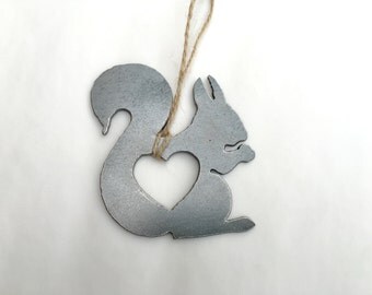 Love Squirrel Christmas Ornament Animal Rustic Metal Ornament Recycled Steel Holiday Gift Industrial Decor Wedding Favor Iron Maid