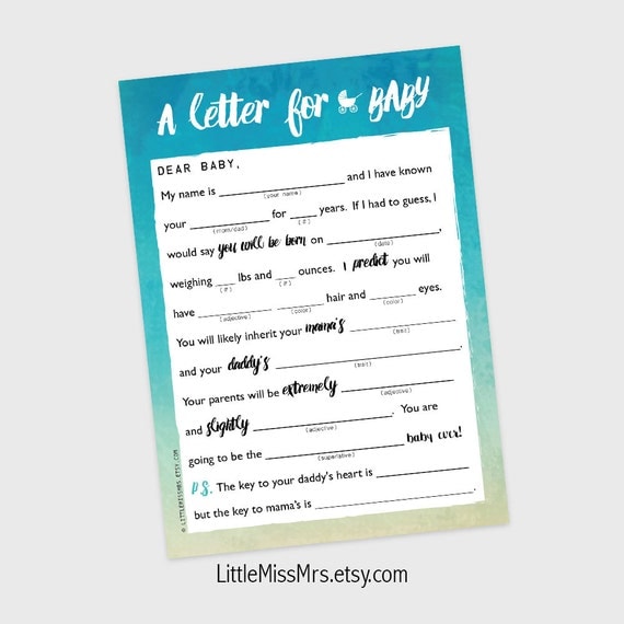 Printable Mad-lib Baby Shower game // A Letter to BABY // pink watercolor ombre