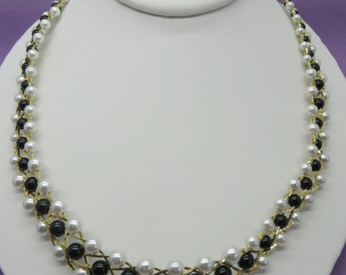 Vintage Faux Pearl Gold Tone Necklace, Black and White Faux Pearl Woven Necklace