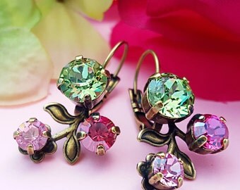 Crystal Earrings, Bronze Flower Earrings, Pink and Green, Peridot Earrings, Light Pink Earrings, Fuchsia Crystal, Swarovski, Floral, E3947