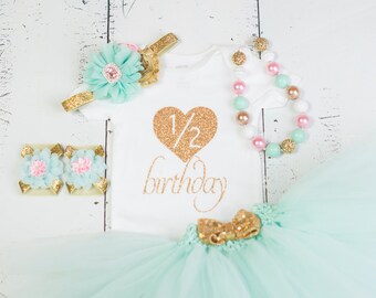 HALF BIRTHDAY Baby Girl Tutu Outfit,Six Month Photo Outfit,6 Month Birthday Bodysuit,Headband,Necklace,Sandal,Mint Pink Gold 1/2 Heart