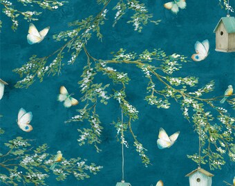 Bird Fabric - Lakeside Retreat Bird House by Daphne Brissonet for Wilmington Fabric - 44075 447 Blue - Priced by the Half Yard
