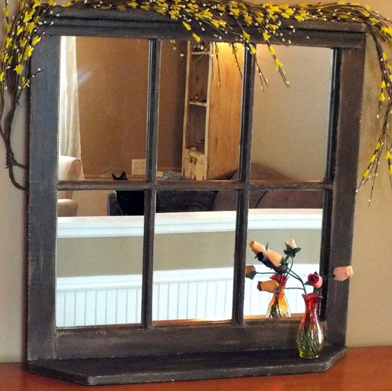 Custom vintage reclaimed wood window frame mirrors with top and bottom shelf
