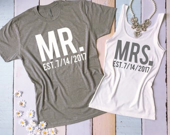 MR and MRS tee shirt and tank top set. Honeymoon shirts. Just Married shirts. Wedding tank and tee. Bride and Groom shirts.