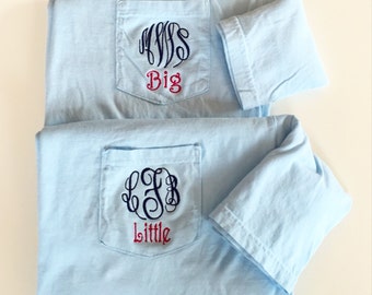 Monogram Big Little Sorority Shirts -Short Sleeve Script Monogrammed 2 Colors -Comfort Colors