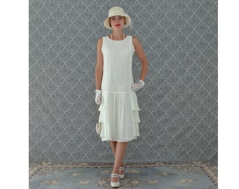 A darling 1920s-inspired dress in cream with tiered skirt, Roaring 20s fashion, Great Gatsby dress, 1920s flapper dress, Downton Abbey dress
