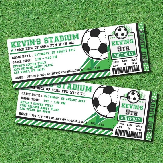 Soccer Ticket Pass Football BIRTHDAY Printable 2.5 x 7 inch Invitation ...