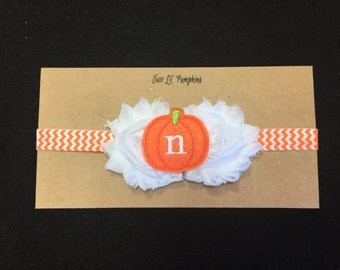 Monogram Pumpkin Headband, Initial Fall Pumpkin Feltie Headband, White Shabby Flowers on Orange Chevron Elastic, Baby Girl, Fall Picture