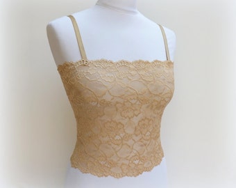 Gold floral lace tank top. Elastic lace bralette. Lace lingerie. Gold lingerie. Gold lace camisole.