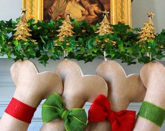 Ready to ship Dog Bone Christmas Stocking, Unique Burlap Christmas Stockings with burlap bows, Great Quality! Handmade with Love!