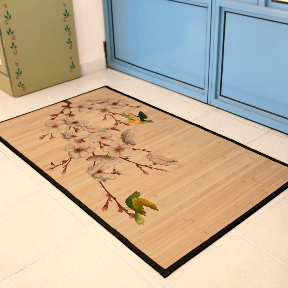 Printed Bamboo Mat area rug Oriental print of bird on