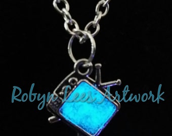 Tiny Glow In The Dark Blue or White Television Necklace with Silver TV on Crossed Chain