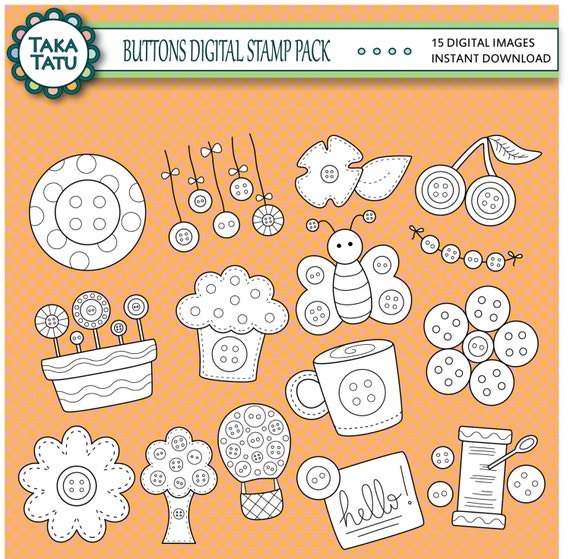 Items similar to Buttons Digital Stamp Pack - Black and White Clipart ...