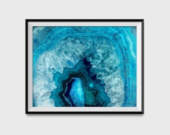 Blue Agate Slice Bathroom Print - Blue Crystal Watercolor Art Print - Agate Slice Bathroom Art - Bathroom Decor - Blue Room Decor