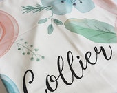 Personalized Organic "San Ramon" Floral Swaddling Name Blanket. Organic Swaddling Blanket. Watercolor Flowers. Baby Girl Blanket.