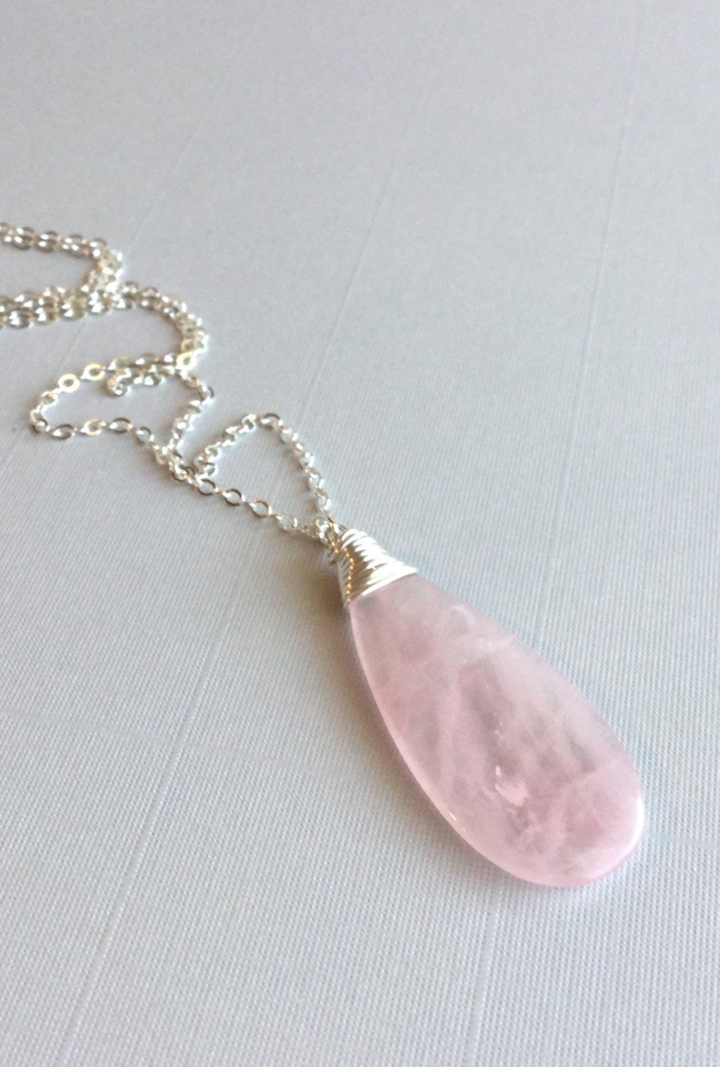 Large Rose Quartz Necklace Light Pink Gemstone Pendant