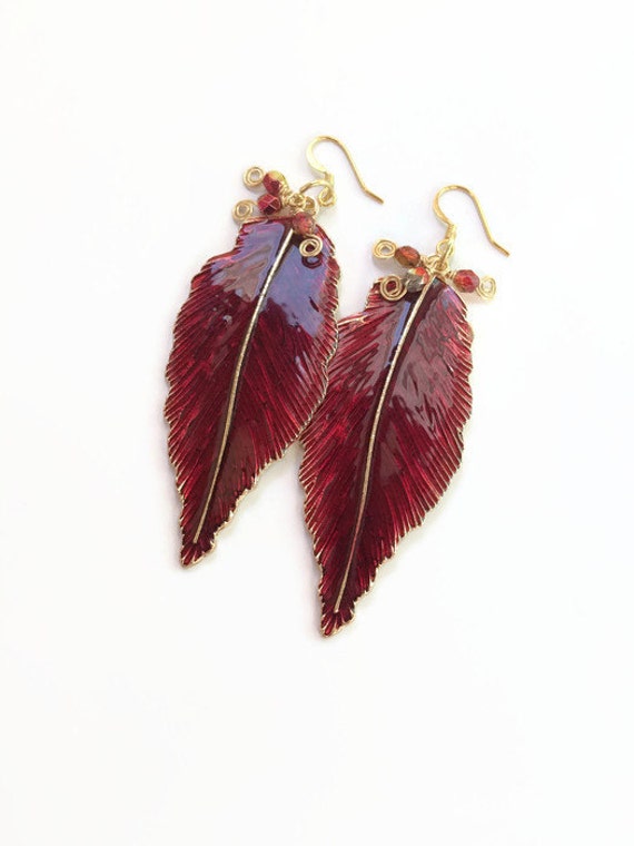 Large Red Enamel Feather Earrings Red Feather by JulemiJewelry