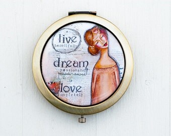 Bridesmaid Compact Mirror - Purse Mirror - Mothers Day Gift - Live Love - Positive Affirmation for Women - Whimsical Art - Inspirational Art