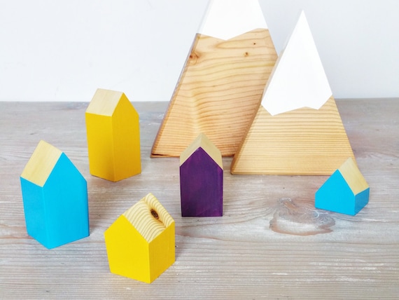 Happy Little Neighborhood - Wood Block Houses - Plum, Mustard, Turquoise - FALL - Natural Wood - Montessori, Waldorf, Homeschool