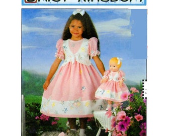 DAISY KINGDOM, Girls Dress, Sewing Pattern, Matching Doll Dress Pattern, Simplicity 7476, Full Skirt, Puff Sleeves, Size 5-6-6x, UNCUT