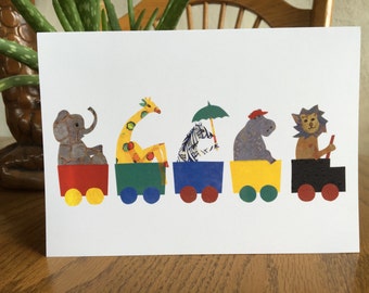 Animal Train, African Greeting Card, African Animals, cut paper art, baby greeting card, nursery, kids, african art, children card