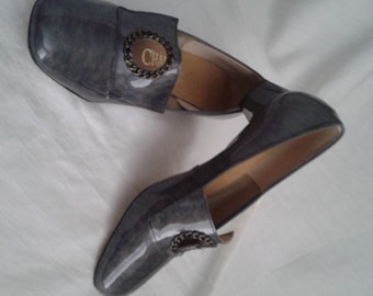 MOD Vtg 60s/70s Shoes Sz. 8.5-9/Gray/Patent Leather/Square heel/"Charm Step" Shoes/1960's Mad Men Style/1970's Peggy Olson/Hipster