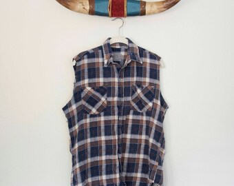 Medium Vintage Flannel Plaid Button Down With Cut Off Sleeves, Navy And Brown Plaid, Not Mystery Flannel